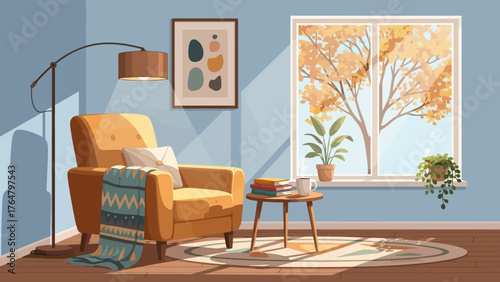 Cozy armchair bathed in sunlight next to a window with autumn foliage and houseplants.
