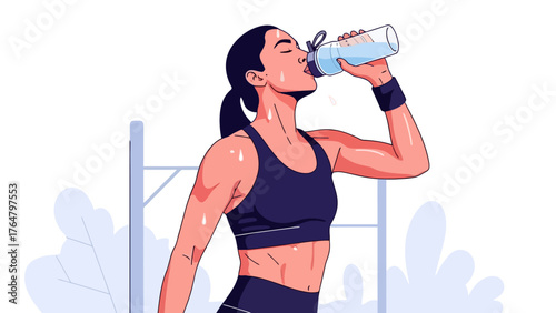 An illustration of a fit woman in sportswear hydrating with water from a bottle after a workout session.