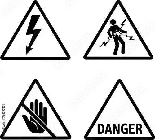 Collection of four triangular warning signs including high voltage electric shock no touching and general danger silhouette