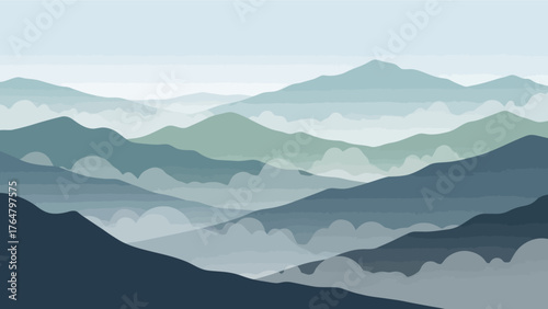 Vector illustration of a mountain landscape with fog and layers.