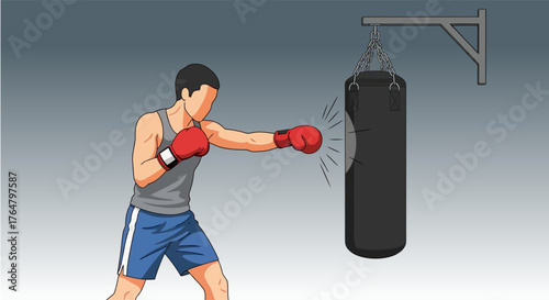 A man in boxing gloves throws a punch at a heavy bag hanging from a wall mount.