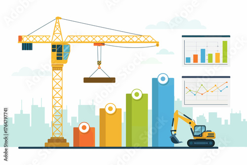 Construction and Growth Concept with Crane Excavator and Rising Bar Graphs Representing Economic Development and Business Progress