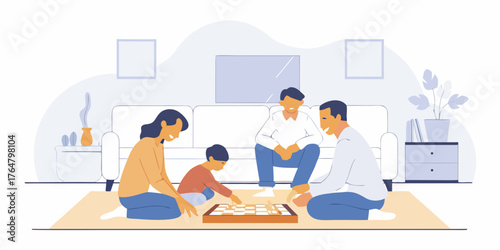 Family spending quality time playing board games in the living room.