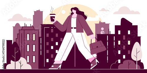 Fashionable woman walking through city streets with coffee in hand.