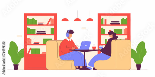 Freelancer working from a cozy café with laptop and headphones.