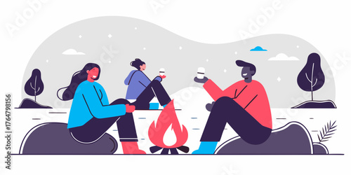 Friends enjoying a bonfire on the beach at night.