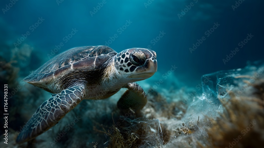 Fototapeta premium A sea turtle swims through the clear blue ocean encountering plastic debris