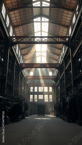 Generative AI Industrial Hallway with Sunbeams