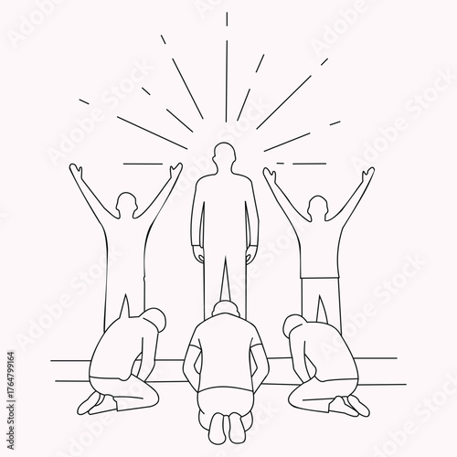 Creative design vector art of a group of people bowing down to a central figure radiating light, symbolizing worship and reverence