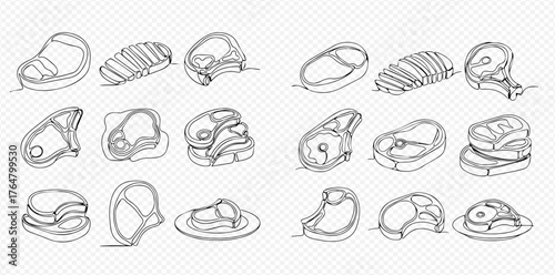 Continuous line art drawings of different cuts of raw meat, including steaks, chops, and roasts, on a transparent background.