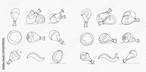Minimalist line art collection featuring various chicken cuts, including drumsticks, breasts, and other poultry pieces.