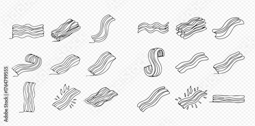 Hand-drawn sketch style illustrations of bacon strips in various shapes and forms, depicting raw and cooked states for food design.