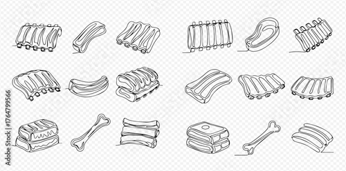 Continuous line art set of various meat cuts including ribs and bones, presented as minimalist sketches on a transparent background.