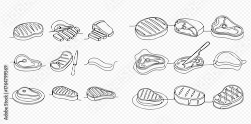 Continuous line art drawings of various meat cuts including grilled steaks, ribs, and bacon, with some showing a knife.