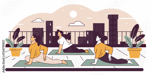 Morning yoga session on a rooftop with city skyline view.