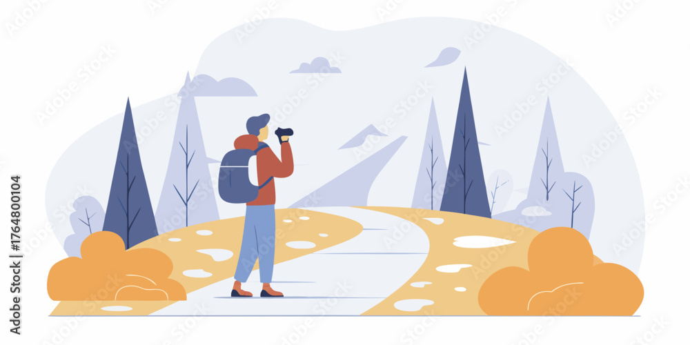 Fototapeta premium “Traveler exploring a mountain trail with backpack and camera.”