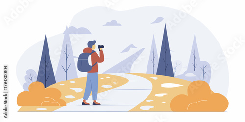 “Traveler exploring a mountain trail with backpack and camera.”