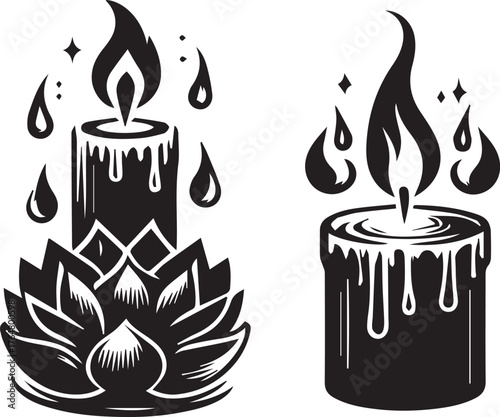 Candle Silhouette Illustration of Burning Wax Candle with Flame Light, Vector