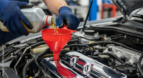 Mechanic pours new car oil into the engine, using a red funnel in an auto repair shop