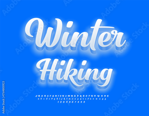 Vector Glowing banner Winter Hiking. Snowy White Font. Beautiful Neon Alphabet Letters and Numbers set.