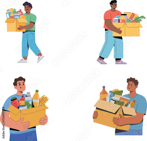 Food Bank Donation, Grocery Delivery, and Charity Support Flat Illustration Set