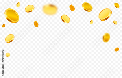 Gold coins isolated on transparent background. Coins burst and explode wealth, jackpot, treasure, and finance concept.