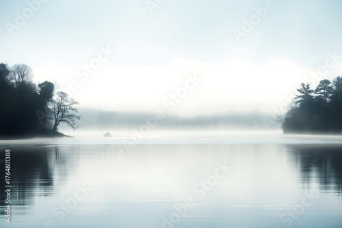 Fototapeta Naklejka Na Ścianę i Meble -  Generative AI serene misty lake landscape reflection tranquil morning.