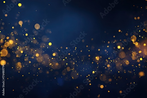 Abstract background of golden particles on a dark blue backdrop