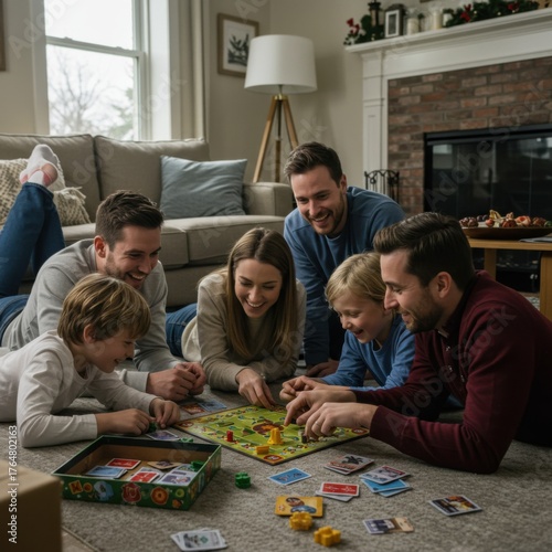 Cozy family gathering playing board games indoors on boxing day celebration