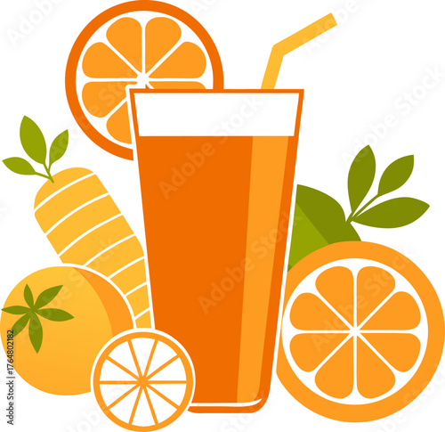 Orange-carrot mixed juice, vibrant orange color, with carrot & orange slices.  Silhouette  , white background 
