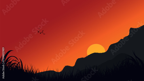 Dramatic sunset or sunrise landscape silhouette with bright sun, mountains, flying birds, and grass. Warm and fiery colors. Minimalist vector illustration