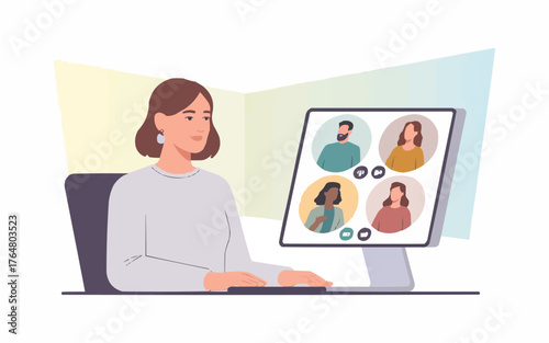 Woman Working Remotely, Participating in a Video Conference Call with Team Members