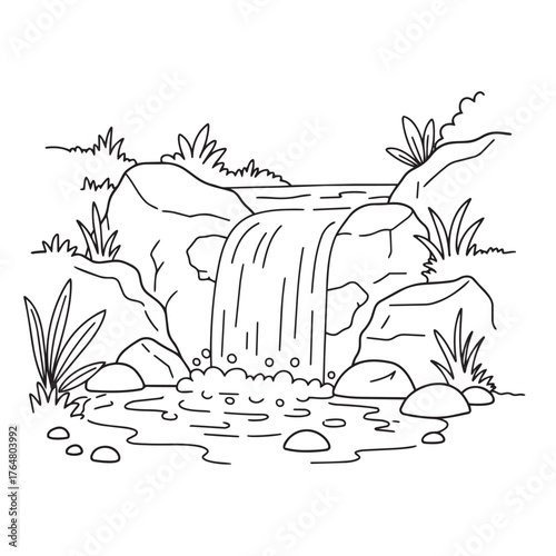 Generative ai vector art of a picturesque waterfall cascades over rocks into a clear pool, surrounded by lush greenery and stones, capturing the dynamic beauty of a natural water feature