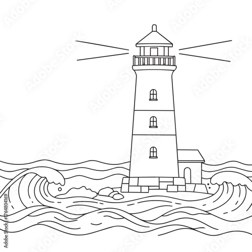 Generative ai vector art of a tall lighthouse stands on rocky ground, emitting beams of light across turbulent ocean waves crashing against its base, a beacon of guidance
