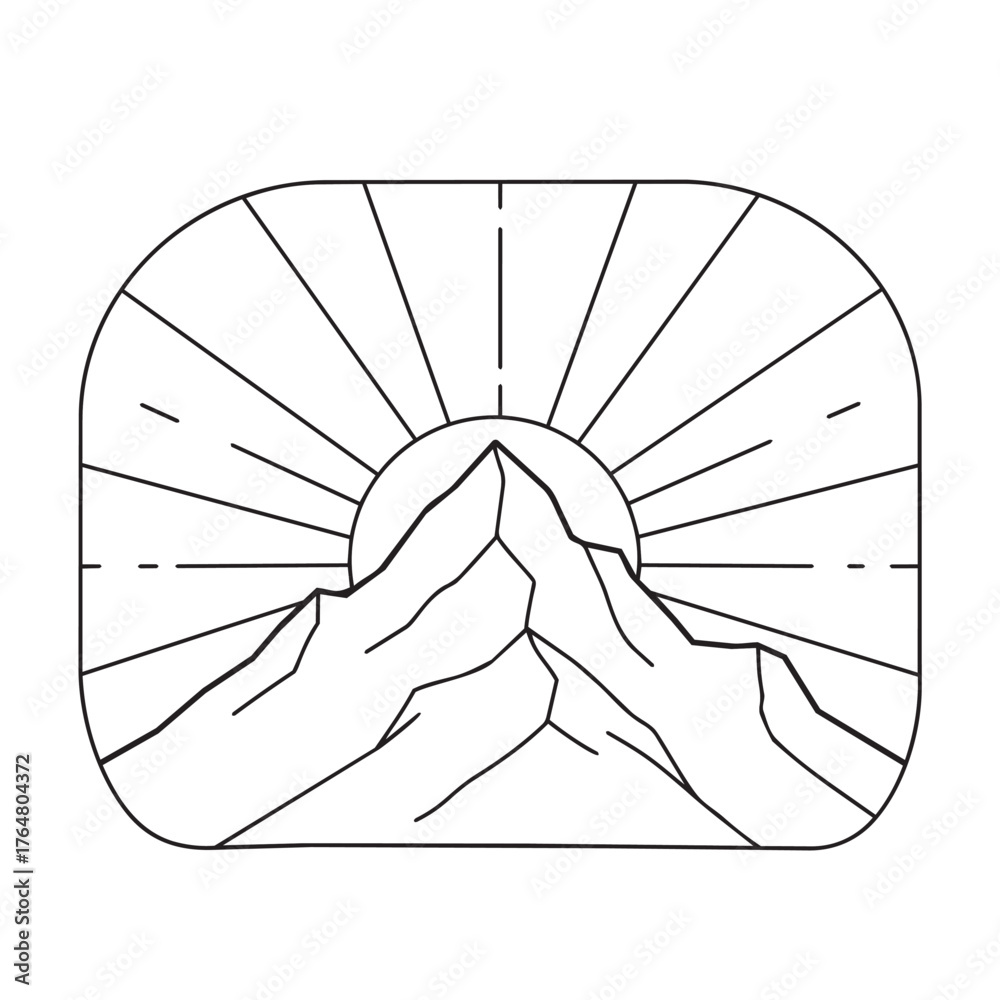 Obraz premium Generative ai vector art of stylized line art of a sun rising behind jagged mountain peaks, with radiating lines symbolizing light, set within a rounded rectangle frame