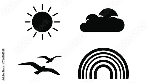 Simple weather icons sun cloud birds rainbow set for design applications silhouette