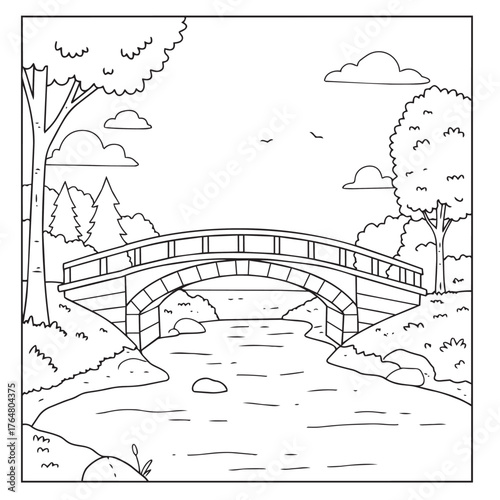 Generative ai vector art of idyllic scene of a picturesque arched wooden bridge spanning a gentle river with scattered rocks, surrounded by lush trees and foliage, with a clear sky and distant birds
