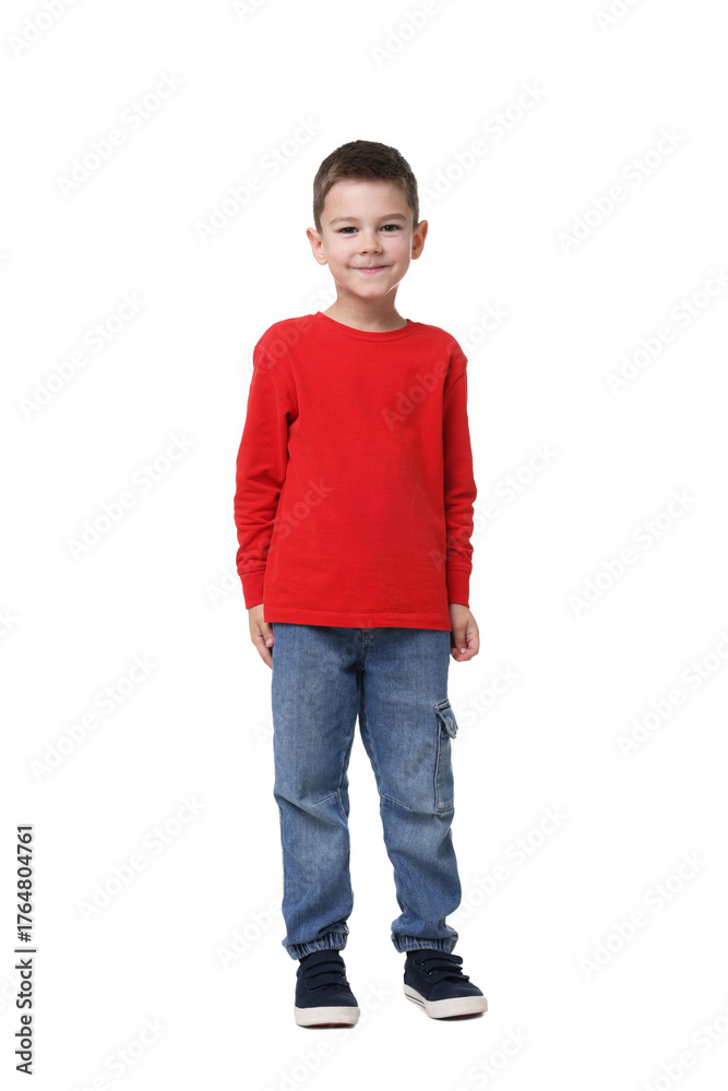 Fototapeta premium Full length portrait of cute little boy on white background