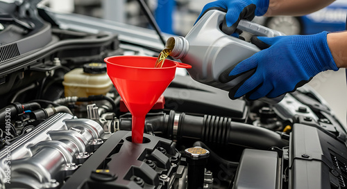 Close up of mechanic pouring new oil into car engine using funnel.