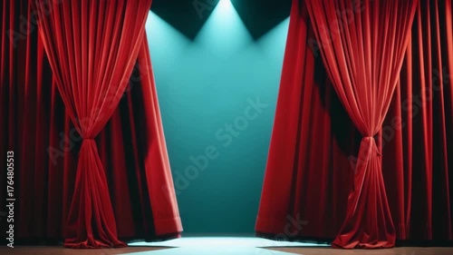 Elegant, rich red curtains beautifully revealing a grand theatrical stage, enhanced by stunning, dramatic lighting