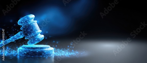 A digital representation of a gavel, symbolizing law and justice, amidst a blue glowing background, conveying a modern legal theme.