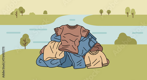 Pile of old clothes for donation near water in a green landscape  