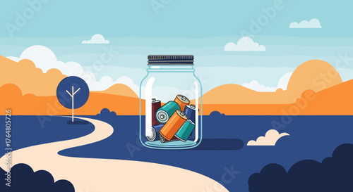 Used batteries in jar on path surrounded by landscape  