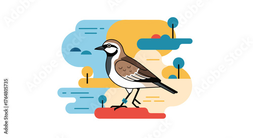 Sparrow standing on ground with plastic ring on bird leg  