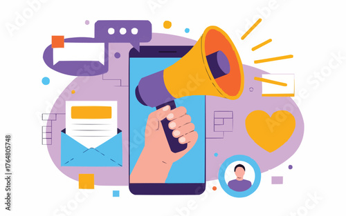Mobile Marketing and Digital Promotion Strategy - Hand Holding Megaphone on Smartphone Screen, Social Media, Advertising