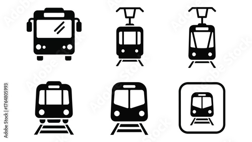 Collection of diverse public transportation icons including buses trams and trains silhouette