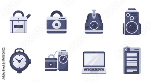 Collection of vintage electronic devices including cameras laptops and clocks