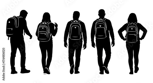 Silhouettes of diverse people with backpacks walking in a row