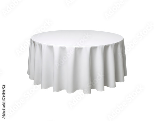 Elegant round table with white tablecloth for special event decor on transparent background