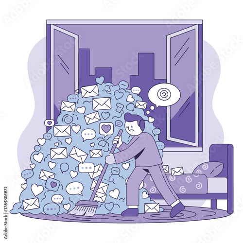 Overwhelmed Man Sweeping Messages Vector Illustration